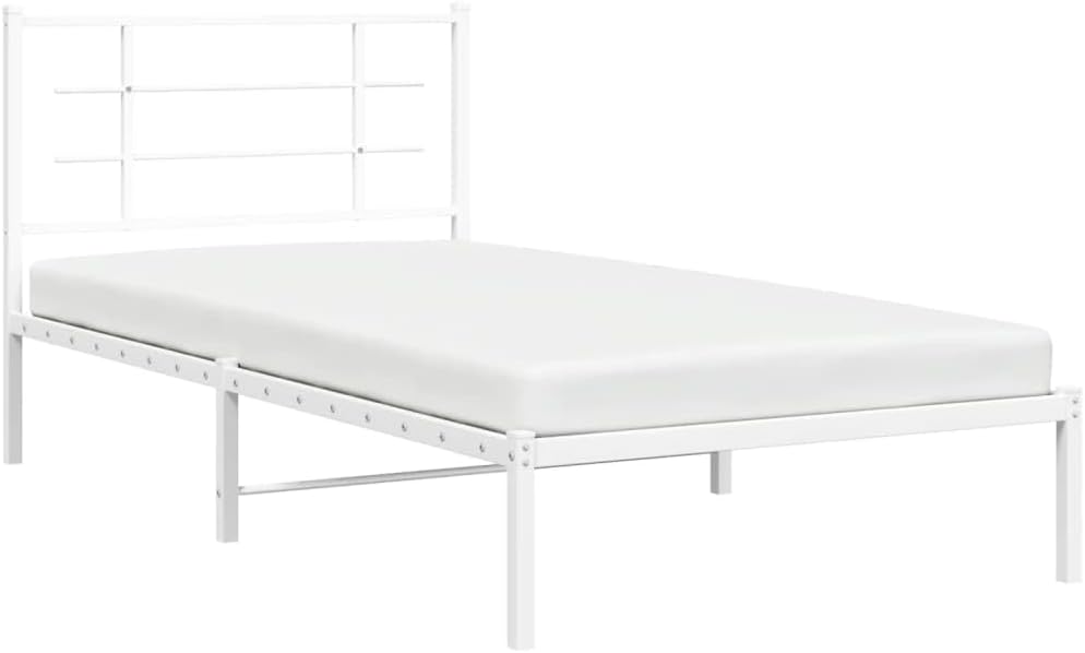 White Powder-Coated Steel Single Bed Frame with Headboard, Sturdy Metal Frame for Bedroom or Guest Room, Modern Design Easy Assembly