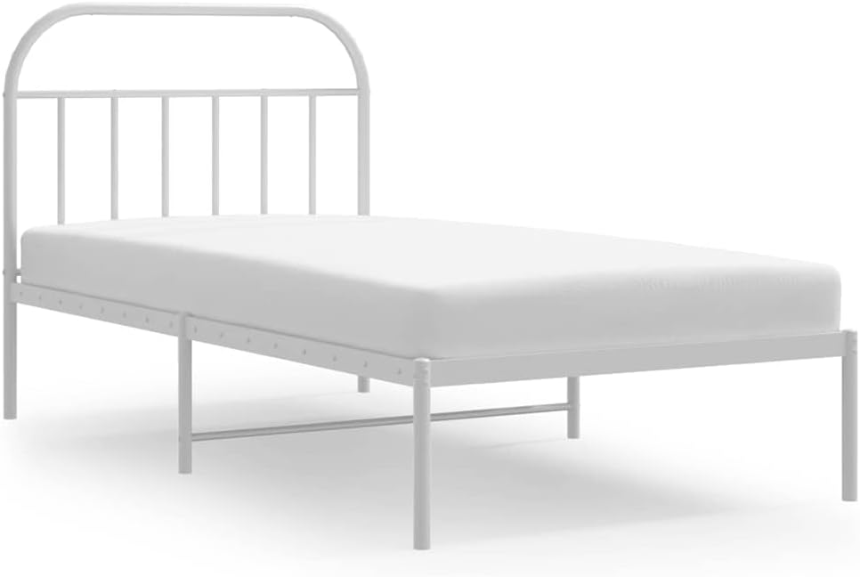 White Powder-Coated Steel Twin Bed Frame with Headboard, Durable Metal Construction and Minimalist Design for Modern Bedroom, Space Efficient Single Sleeper Bed Frame