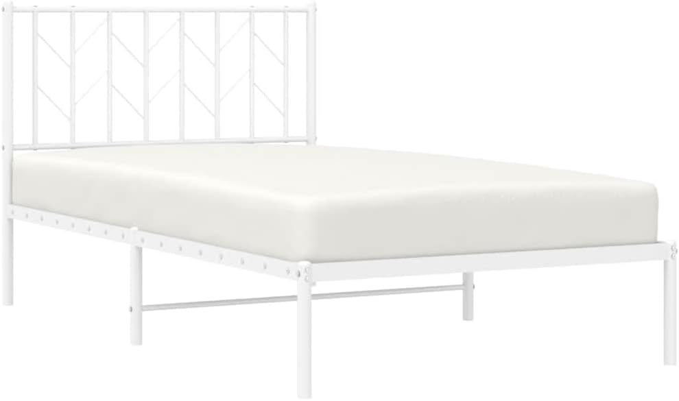 White Steel Single Bed Frame with Headboard, 41.3' x 81.5' Rectangular Metal Bed Frame for Adults, Durable and Elegant Modern Bedroom Furniture, Easy Assembly with Screwdriver