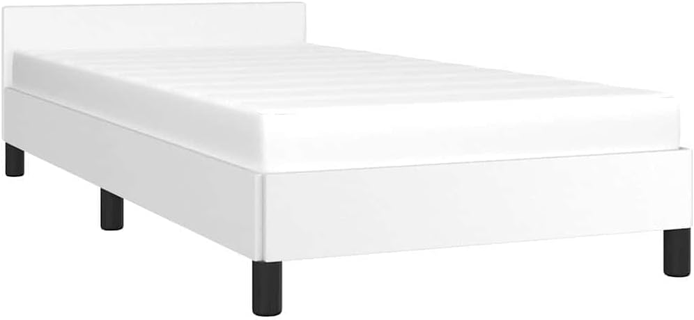 Twin Faux Leather Bed Frame with Headboard, White Scandinavian Design, Engineered Wood and Plywood Construction, Modern Bedroom Furniture for Single Sleeper, Durable and Low