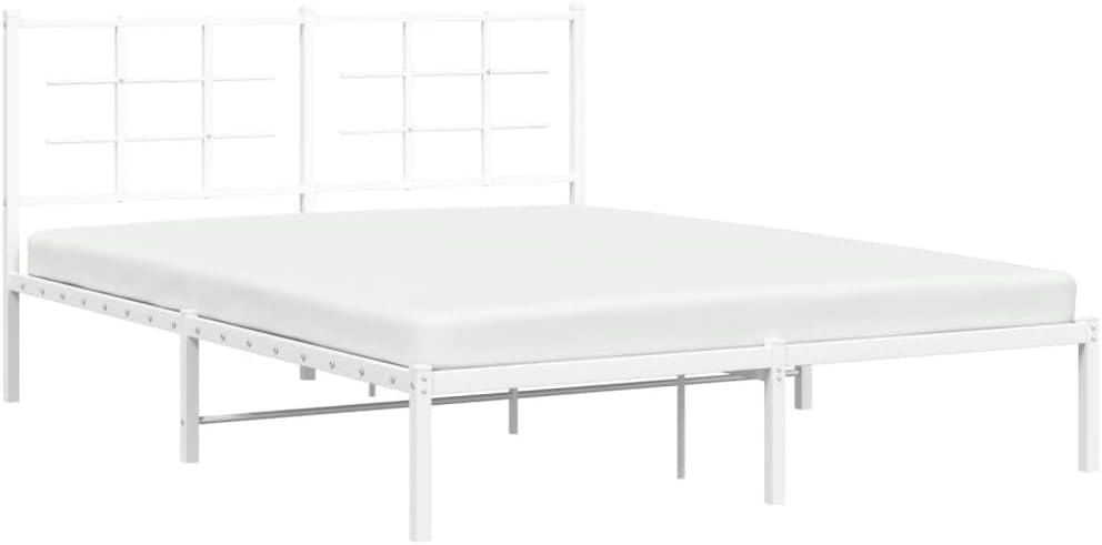 King Size Bed Frame with Headboard, White Powder-Coated Steel, 4-Piece Set, Modern Minimalist Design, Durable Construction, Storage Solutions, Breathable Material, Easy
