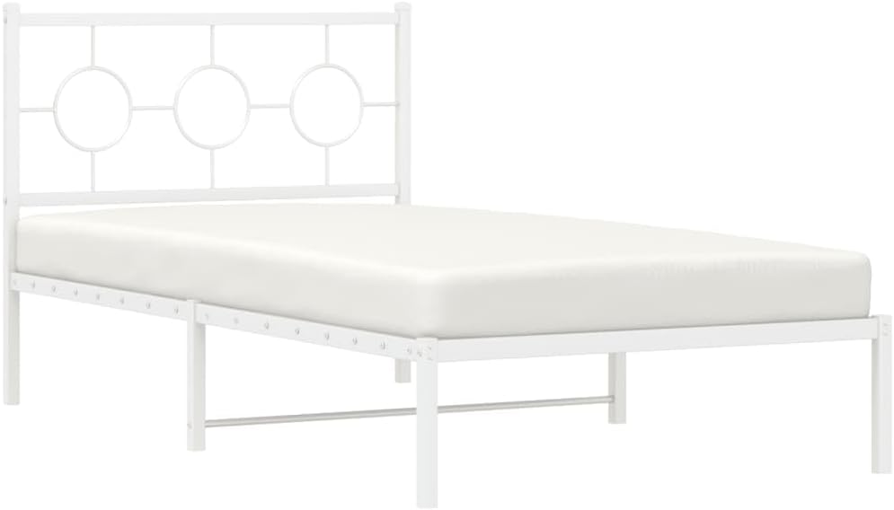 Metal Bed Frame with Headboard White Steel Platform Base Twin Size Underbed Storage Space for Bedroom Furniture