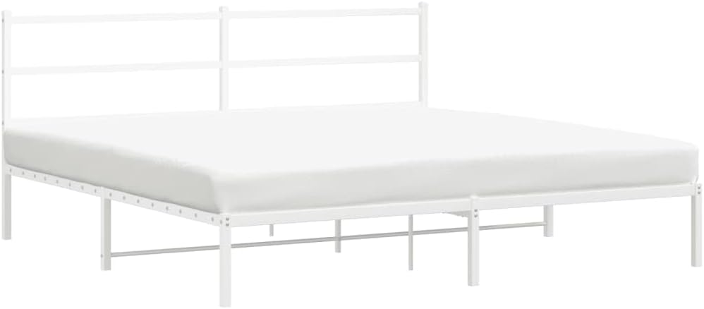 Metal Bed Frame with Headboard King Size White Steel Platform Bedframe Sturdy Underbed Storage Space for Bedroom Furniture