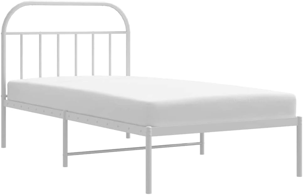 White Powder-Coated Steel Twin Bed Frame with Headboard, Durable Metal Construction and Minimalist Design for Modern Bedroom, Space Efficient Single Sleeper Bedframe
