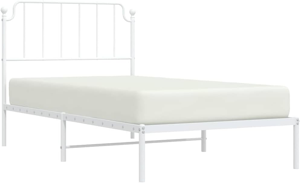 White Metal Bed Frame with Headboard 39.4'x78.7' Steel Platform Bed Frame Heavy Duty Underbed Storage No Box Spring Needed for Bedroom Furniture