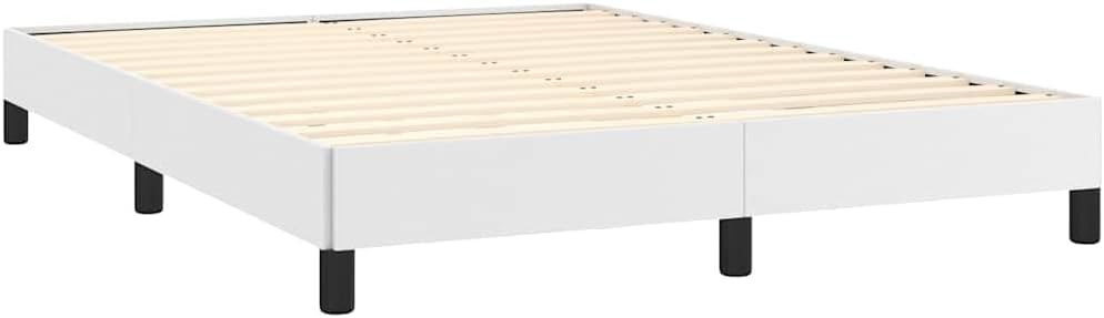 White Faux Leather Full Bed Frame with Plywood Engineered Wood, Modern Platform Bed with Slatted Base for Mattress Support and Airflow, Easy Assembly Included, 4 Pieces Set