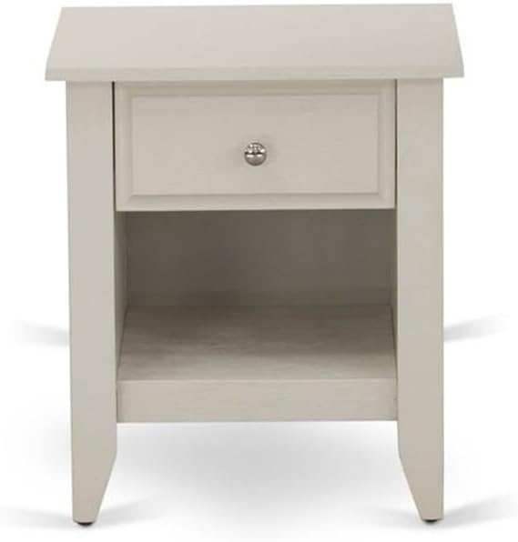 East West Furniture NL19K-2GA0C 3 Piece Modern Bedroom Set - King size Button Tufted Bed - Linen white Velvet Fabric Upholstered Headboard and a Wire Brushed Butter Cream Finish Nightstand