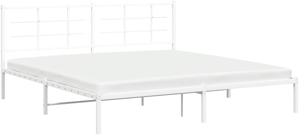 White Powder-Coated Steel Double Bed Frame with Headboard, Modern Metal Bed Frame for Bedroom, Durable Support Structure, Contemporary Design for Interior Decor