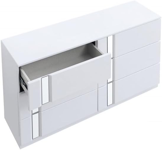 4-Piece Eastern King Size Modern Bedroom Set, Gray/White Wood Frame wih Mirror Trim, High Gloss Finish