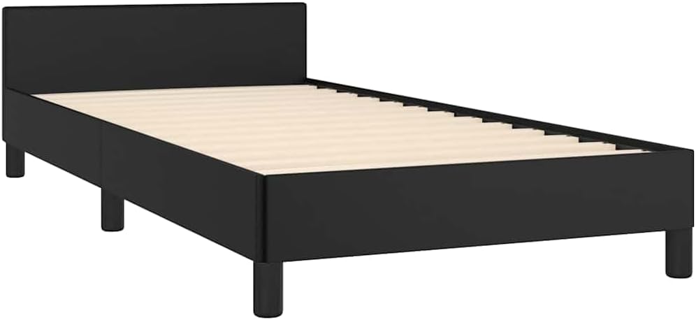 Twin Bed Frame with Headboard Black Faux Leather, Minimalist Scandinavian Style Solid Wood Frame with Ample Underbed Storage and Sturdy Slat Design for Modern Adult Spaces