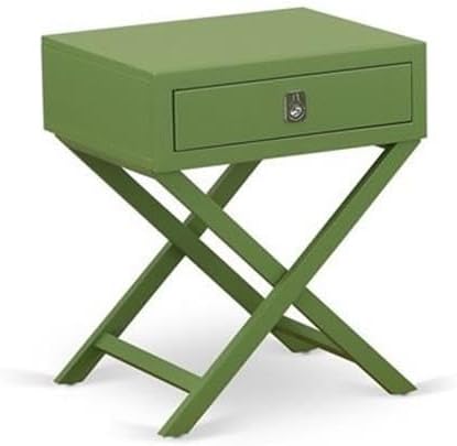 East West Furniture NL19K-1HA12 2 Piece Bedroom Set - King Size Button Tufted Bed - Linen white Velvet Fabric Upholstered Headboard and a Clover Green Finish Nightstand