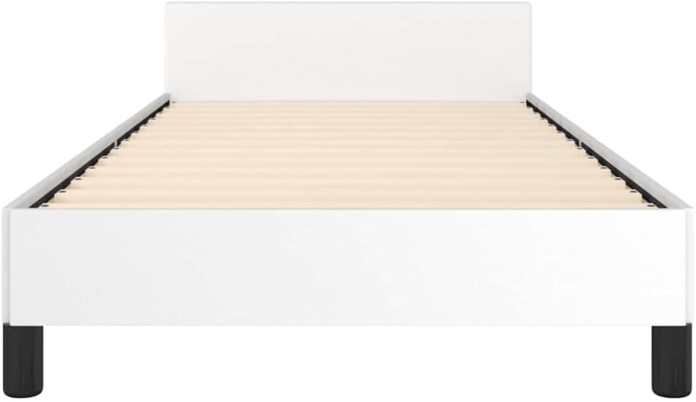 Twin Faux Leather Bed Frame with Headboard, White Scandinavian Design, Engineered Wood and Plywood Construction, Modern Bedroom Furniture for Single Sleeper, Durable and Low