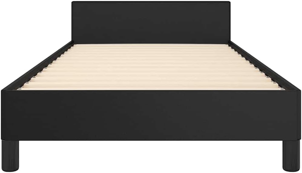 Twin Bed Frame with Headboard Black Faux Leather, Minimalist Scandinavian Style Solid Wood Frame with Ample Underbed Storage and Sturdy Slat Design for Modern Adult Spaces