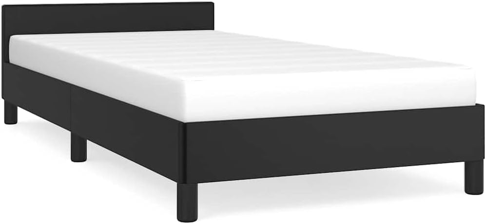 Twin Bed Frame with Headboard Black Faux Leather, Minimalist Scandinavian Style Solid Wood Frame with Ample Underbed Storage and Sturdy Slat Design for Modern Adult Spaces