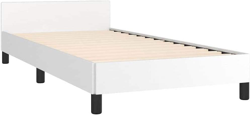 Twin Faux Leather Bed Frame with Headboard, White Scandinavian Design, Engineered Wood and Plywood Construction, Modern Bedroom Furniture for Single Sleeper, Durable and Low
