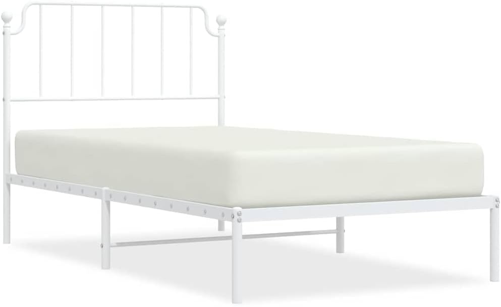 Metal Bed Frame with Headboard White Queen/Twin Size Platform Bed Frame Steel Construction Underbed Storage No Box Spring Needed for Bedroom