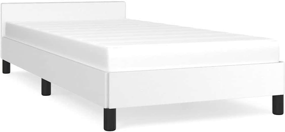 Twin Faux Leather Bed Frame with Headboard, White Scandinavian Design, Engineered Wood and Plywood Construction, Modern Bedroom Furniture for Single Sleeper, Durable and Low