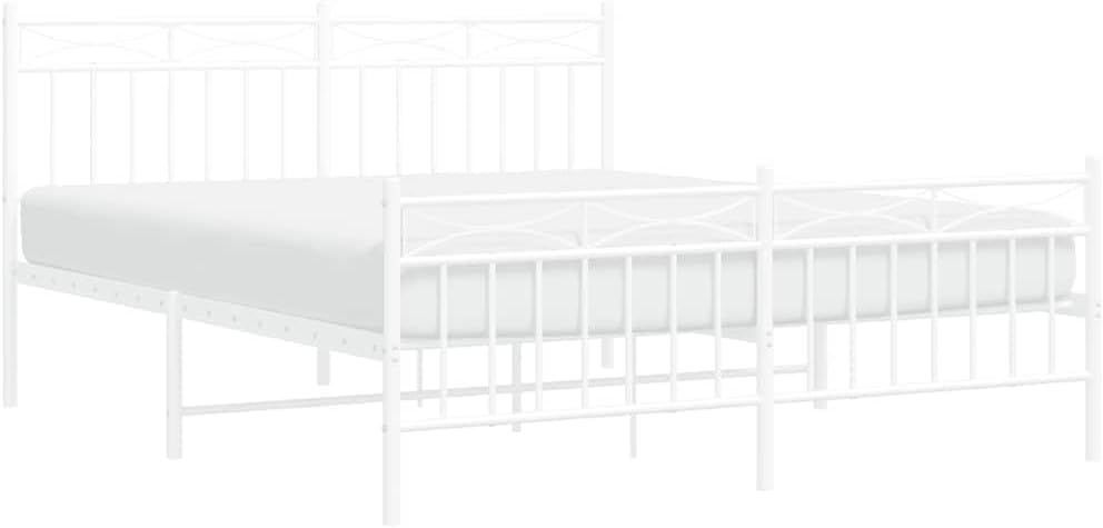 King Size Bed Frame Metal Platform Bed White Powder-Coated Steel Frame with Headboard and Footboard for Bedroom Furniture