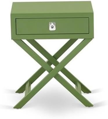 East West Furniture NL19K-1HA12 2 Piece Bedroom Set - King Size Button Tufted Bed - Linen white Velvet Fabric Upholstered Headboard and a Clover Green Finish Nightstand