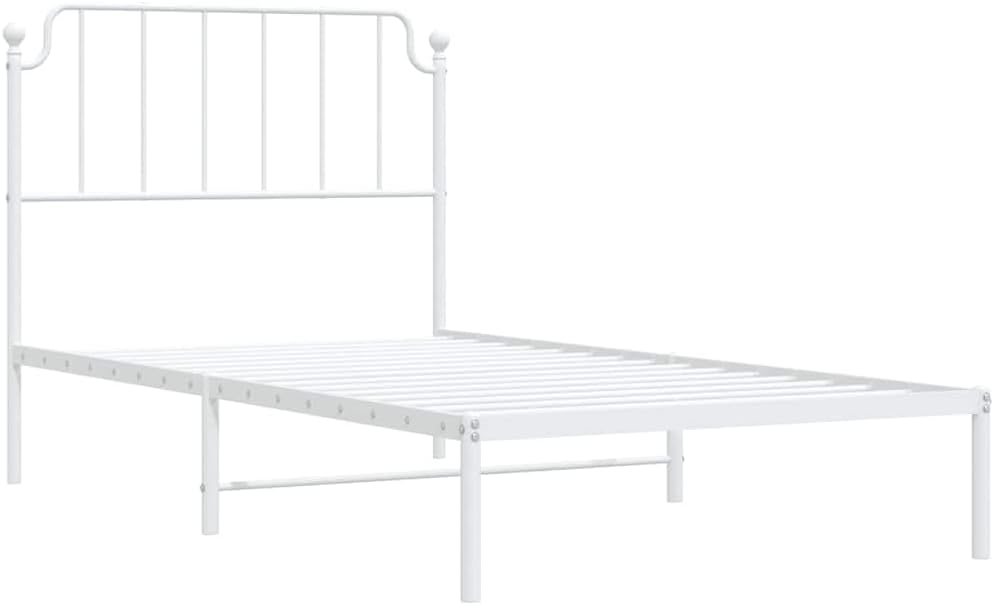 Metal Bed Frame with Headboard White Queen/Twin Size Platform Bed Frame Steel Construction Underbed Storage No Box Spring Needed for Bedroom