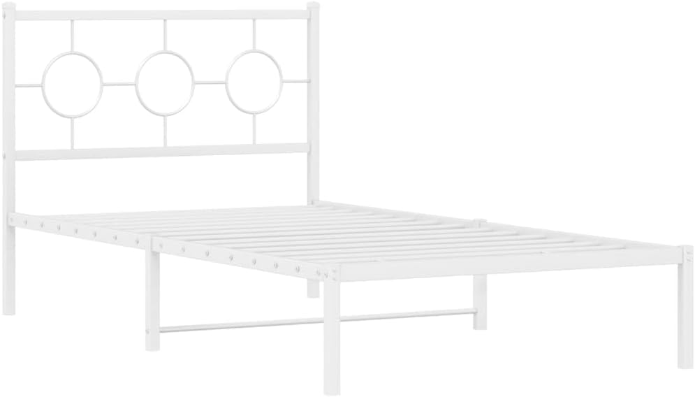 Metal Bed Frame with Headboard White Steel Platform Base Twin Size Underbed Storage Space for Bedroom Furniture