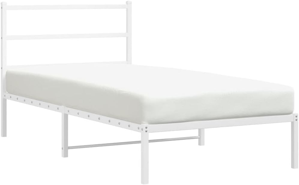 Twin White Steel Bed Frame with Headboard - Breathable Design Sturdy Metal Frame for Bedroom Guest Room Compact Spaces