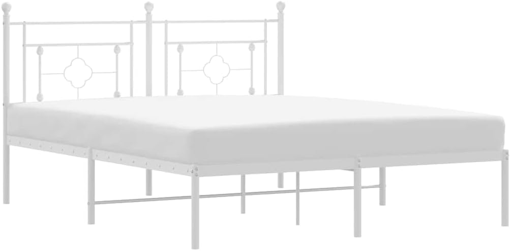 King Size Metal Bed Frame with Headboard, White Powder-Coated Steel, Modern Furniture Design, Durable and Space Efficient, 4-Piece Bed Frame Set for Bedroom
