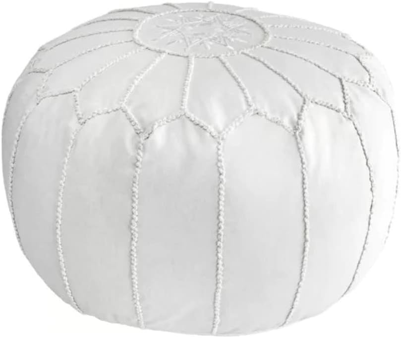 Classy Ivory Faux Leather Round Pouf Ottoman 20'' | Stylish Tufted Footrest Vanity Stool Glamorous Touch Luxe Look, | Bench Fluffy Dorm Patio Perfect for Living Room, Bedroom, Lounge Cushioned