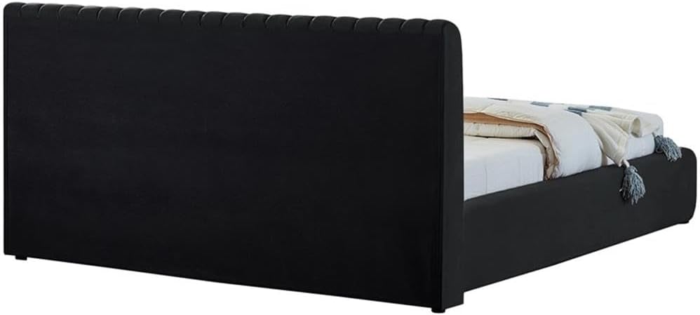 Pemberly Row Contemporary King Bed, Black Velvet Upholstery, 89' W x 91' D x 38' H, Channel Tufted Headboard and Footboard, Modern Bedroom Furniture