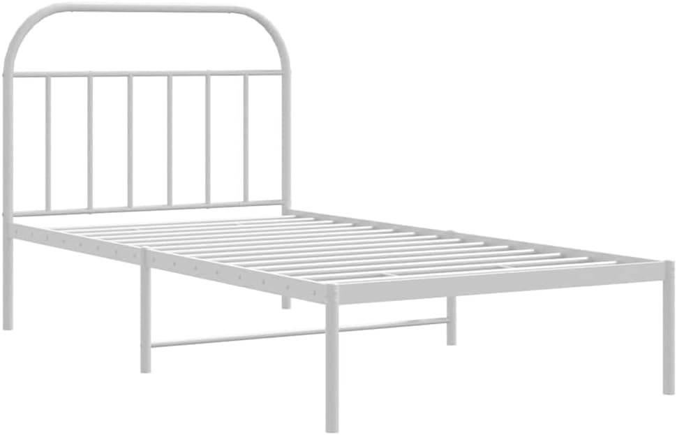 White Powder-Coated Steel Twin Bed Frame with Headboard, Durable Metal Construction and Minimalist Design for Modern Bedroom, Space Efficient Single Sleeper Bed Frame
