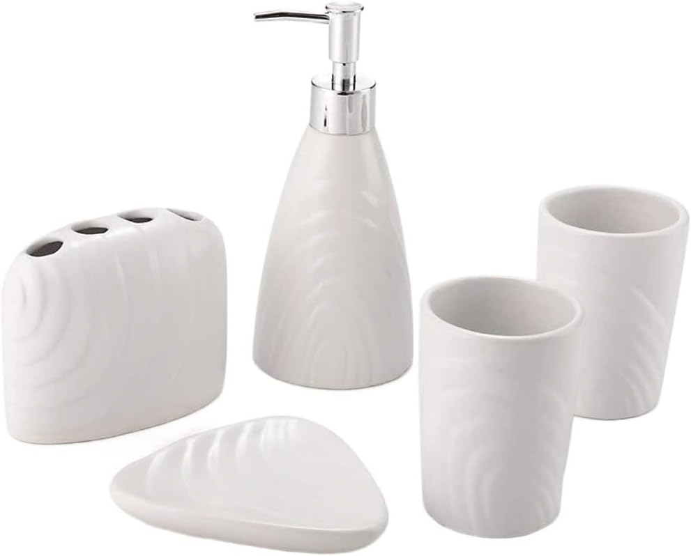Vanity Bathroom Decor, White Ceramic Bathroom Accessory Set 5 Pieces Bathroom Set Including Soap Dispenser Toothbrush Holder Soap Dish Housewarming Gift(A)
