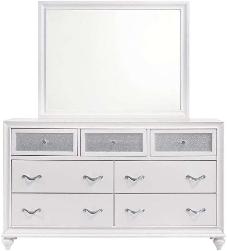 MAKLAINE 4-Piece Upholstered Eastern King Bedroom Set, Solid Wood Construction, White Velvet and Crocodile Leatherette Finish, Includes Bed, Dresser, Mirror, Nightstand, Contemporary Glam Style