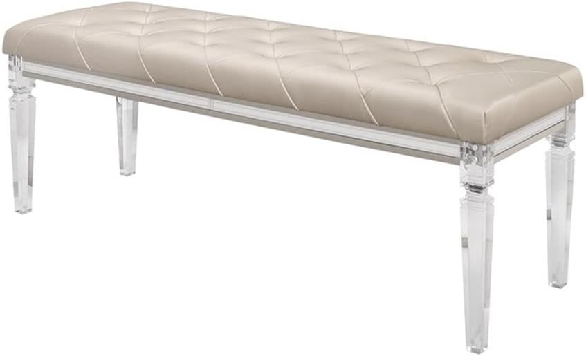 Pemberly Row Modern Transitional Bedroom Bench, Beige Upholstered Tufted Seating, Acrylic Legs, Mirrored Accents, MDF Frame, Polyurethane Padding, Sturdy Construction, Stylish Bedroom Furniture