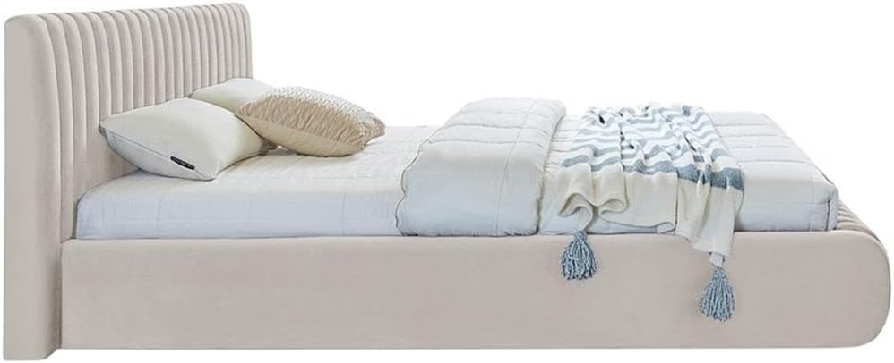 Pemberly Row King Bed, Cream Velvet Upholstery, Deep Channel Tufted Headboard and Footboard, Contemporary Transitional Design, Sturdy Construction, 89' W x 91' D x 38' H for Bedroom Decor