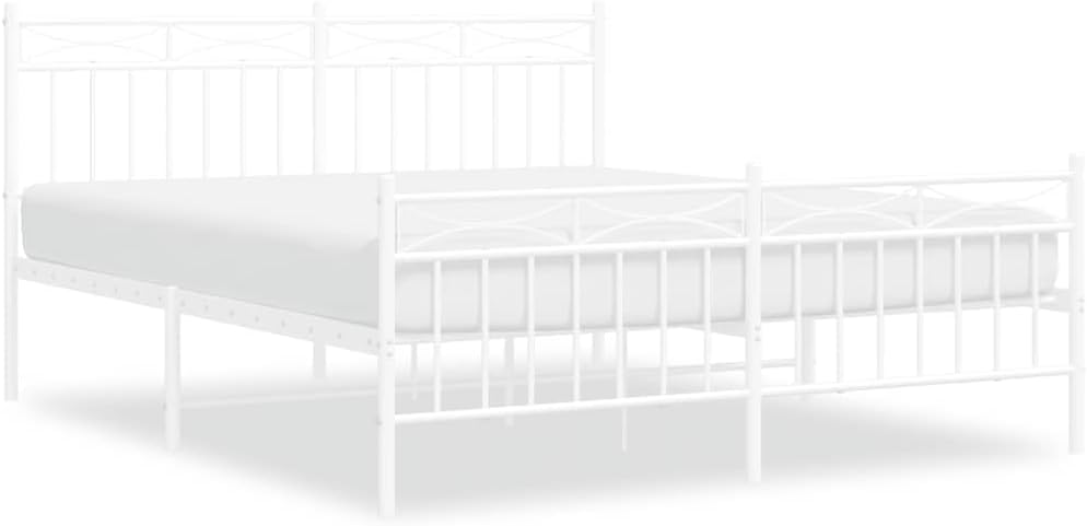 King Size Bed Frame Metal Platform Bed White Powder-Coated Steel Frame with Headboard and Footboard for Bedroom Furniture