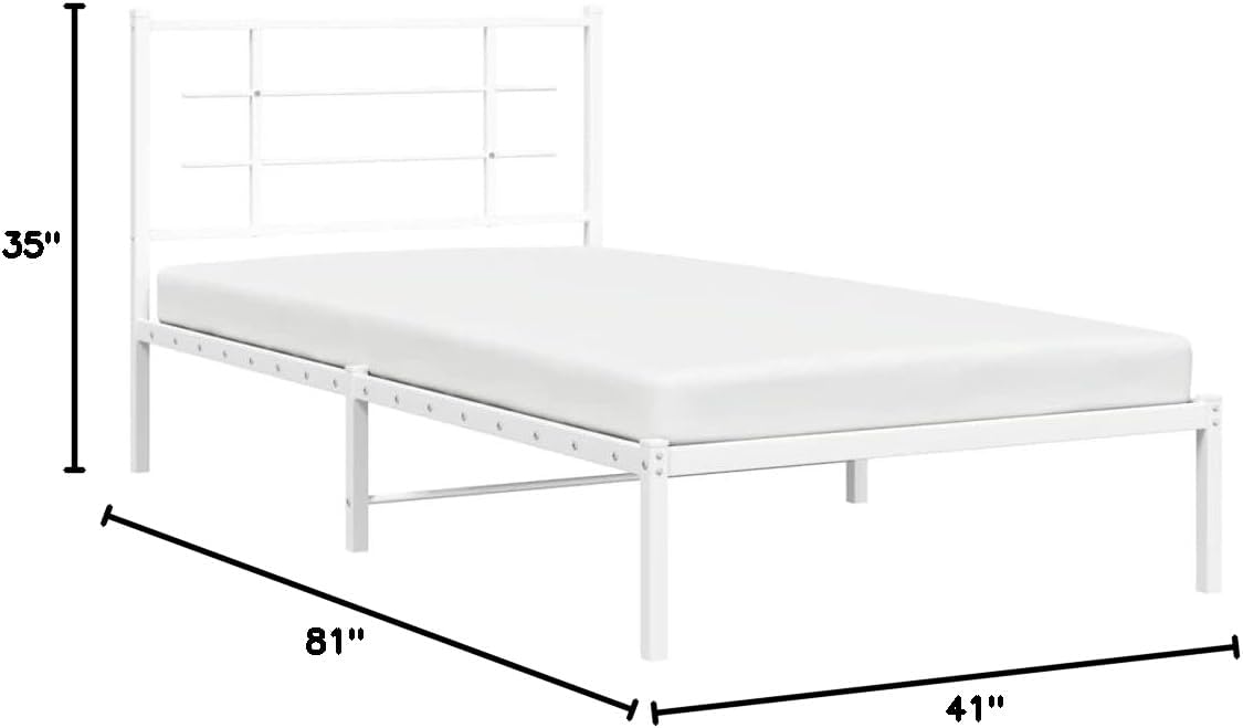 Twin Metal Bed Frame with Headboard White 39.4'x78.7' Platform Bedframe Steel Construction Underbed Storage Space for Bedroom Guest Room