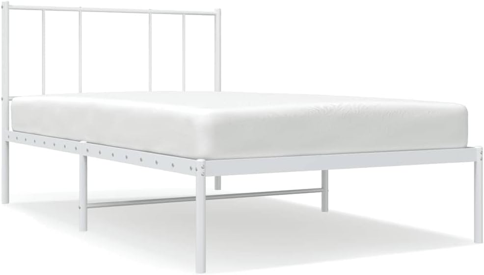 Twin XL Metal Platform Bed Frame with Headboard White 39.4'x78.7' Noise-Free Sturdy Steel Construction Underbed Storage Space Saving Bedroom Furniture