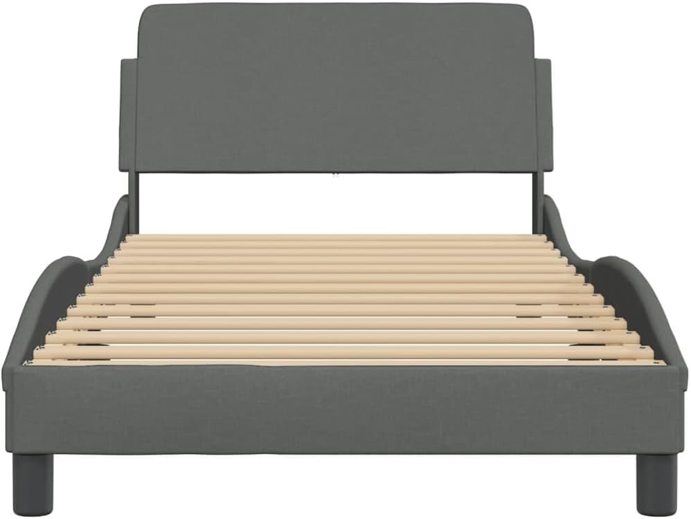 Upholstered Twin Platform Bed Frame with Headboard Dark Gray Fabric Bedframe Sturdy Modern Design for Bedroom Furniture