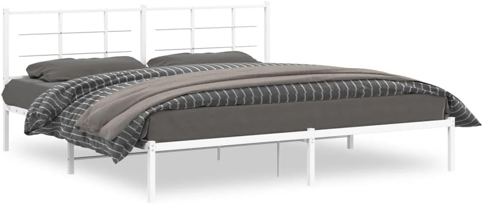 White Powder-Coated Steel Double Bed Frame with Headboard, Modern Metal Bed Frame for Bedroom, Durable Support Structure, Contemporary Design for Interior Decor