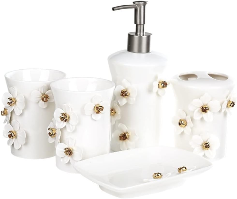Vanity Bathroom Decor, Soap Dispenser White Bathroom Accessory Set Handmade Ceramic 5 Pieces Set, Toothbrush Holder Soap Dish Housewarming Gift