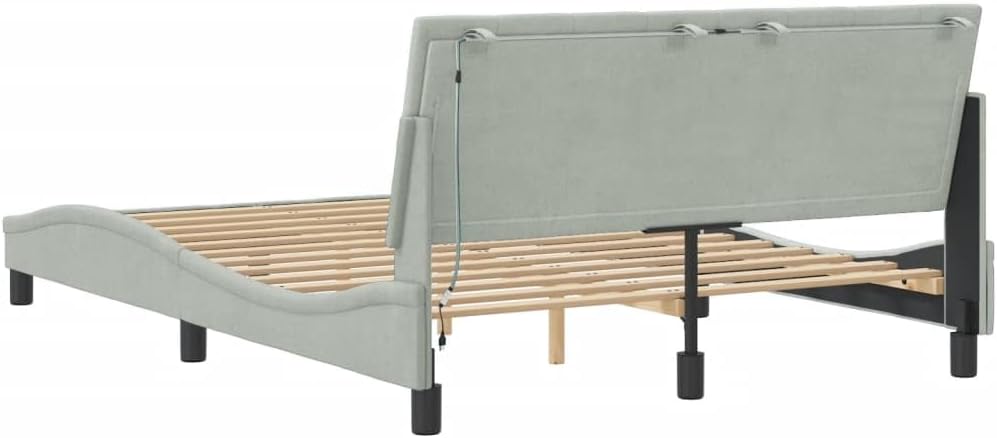 Full Size Upholstered Bed Frame with Headboard Light Gray Velvet Platform Bed Frame Modern Waved Design Wooden Slats Sturdy Support for Bedroom Furniture
