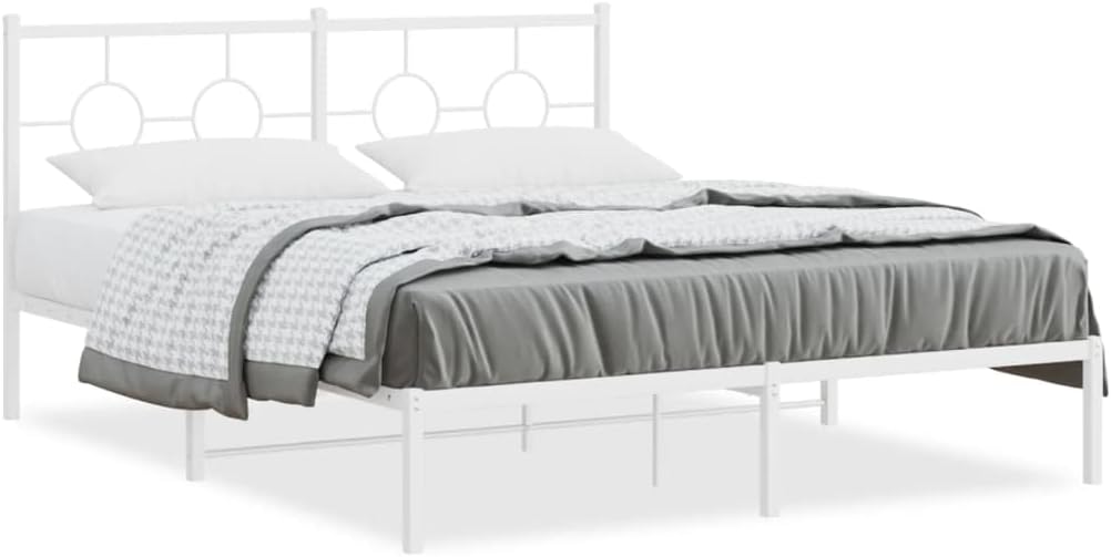 Queen Bed Frame with Headboard, Metal Platform Bed Frame Steel Construction White 59.1'x78.7' Underbed Storage Space for Bedroom Guest Room