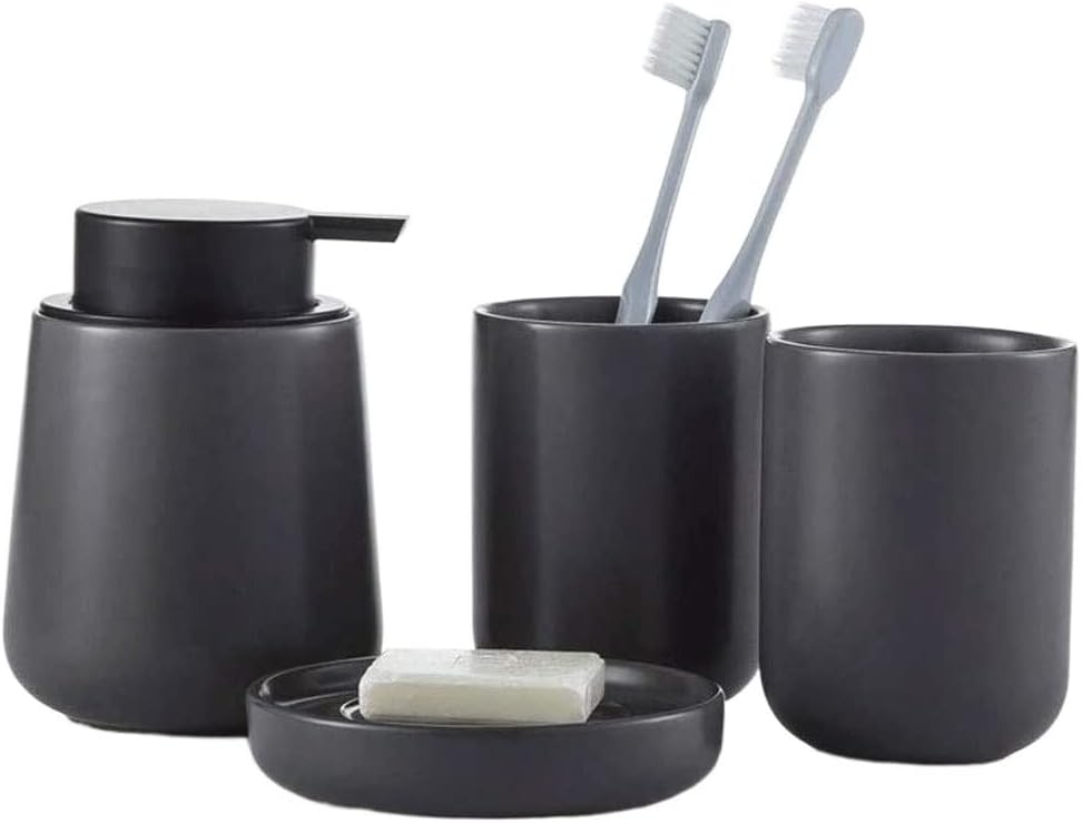 Vanity Bathroom Decor, Soap Dispenser 4 Piece Bathroom Accessories Set, Bath Set Features Soap Pump, Soap Dish Gray Ceramic 8.4oz Housewarming Gift