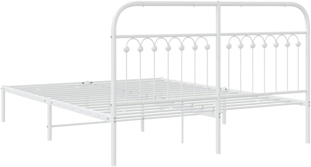 White Steel King Bed Frame with Elegant Headboard, Rectangular Traditional Design for Modern Bedroom, 4-Piece Metal Frame Set with Enhanced Support and Durable Construction