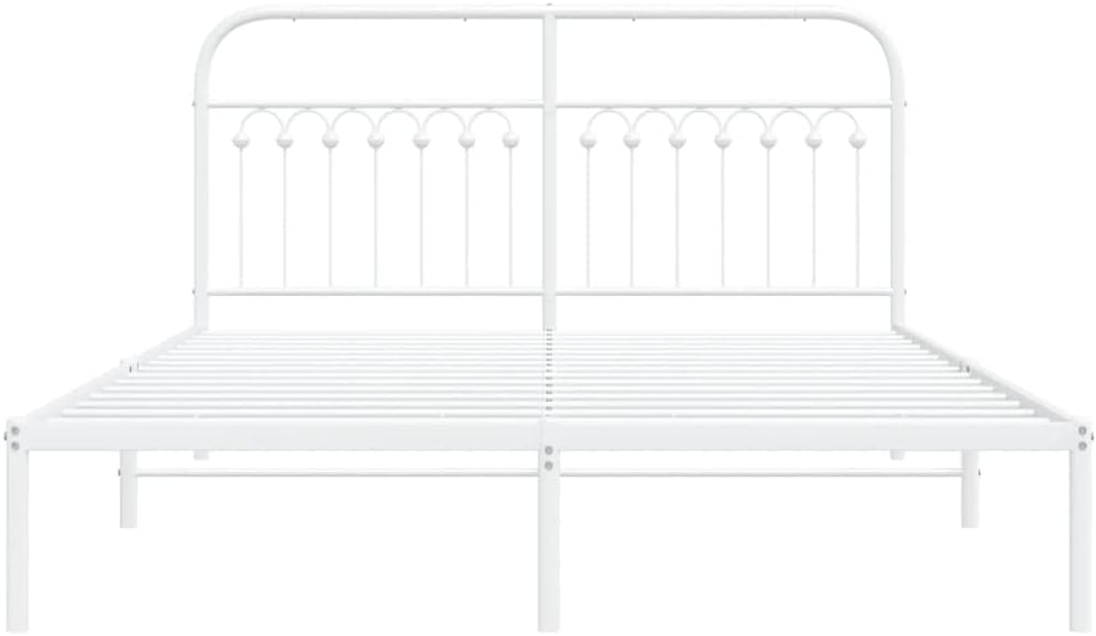 White Steel King Bed Frame with Elegant Headboard, Rectangular Traditional Design for Modern Bedroom, 4-Piece Metal Frame Set with Enhanced Support and Durable Construction