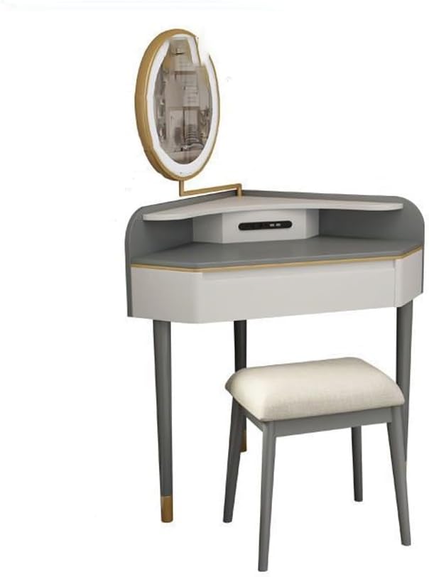 Makeup Vanity Dressing Table, Corner Bedroom Dressing Table, Light Luxury Lighted Mirror, Triangular Dressing Table Wooden Vanity