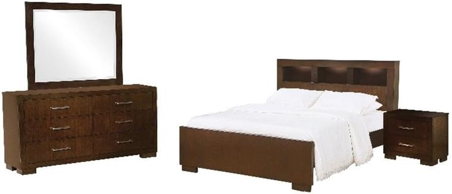 BOWERY HILL 4-Piece Eastern King Wood Storage Bedroom Set, Cappuccino Finish, Includes Bed with Bookcase Headboard, Dresser with Mirror, Nightstand, Modern Style, Functional Furniture for Bedrooms