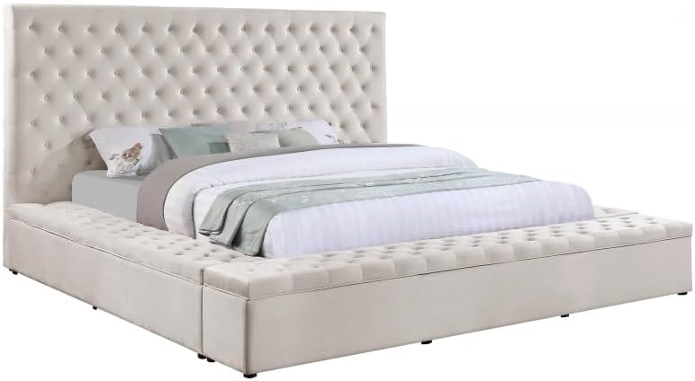 First of a Kind Modern Velvet Tufted upholstered Platform Storage Bed, Bed with deep Button Tufting and Storage Compartments in Rails and Footboard (Cream, Eastern King)