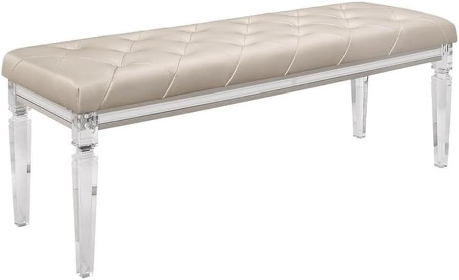 Pemberly Row Modern Transitional Bedroom Bench, Beige Upholstered Tufted Seating, Acrylic Legs, Mirrored Accents, MDF Frame, Polyurethane Padding, Sturdy Construction, Stylish Bedroom Furniture