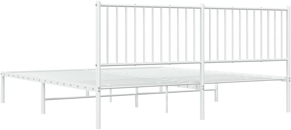 White Powder-Coated Steel Double Bed Frame with Headboard Underbed Storage Space for Bedroom Guest Room